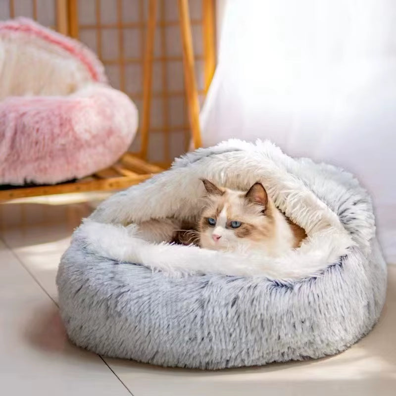 Winter Long Plush Pet Cat Bed round Cat Cushion House Warm Cat Basket Cat Sleep Bag Cat Nest Kennel 2 in 1 for Small Dog Cat