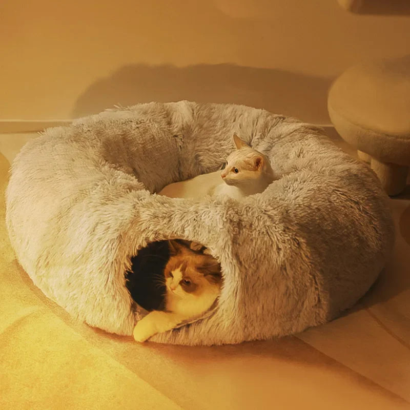 2-in-1 Round Cat Bed and Tunnel Toy - Soft Plush Dog Bed for Small Dogs and Kittens, Ideal for Deep Sleep and Comfort