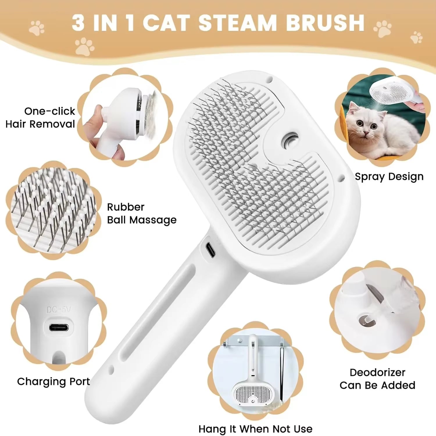 3-in-1 Electric Steam Brush for Cats and Dogs - Pet Grooming Comb with Massage and Hair Removal Features