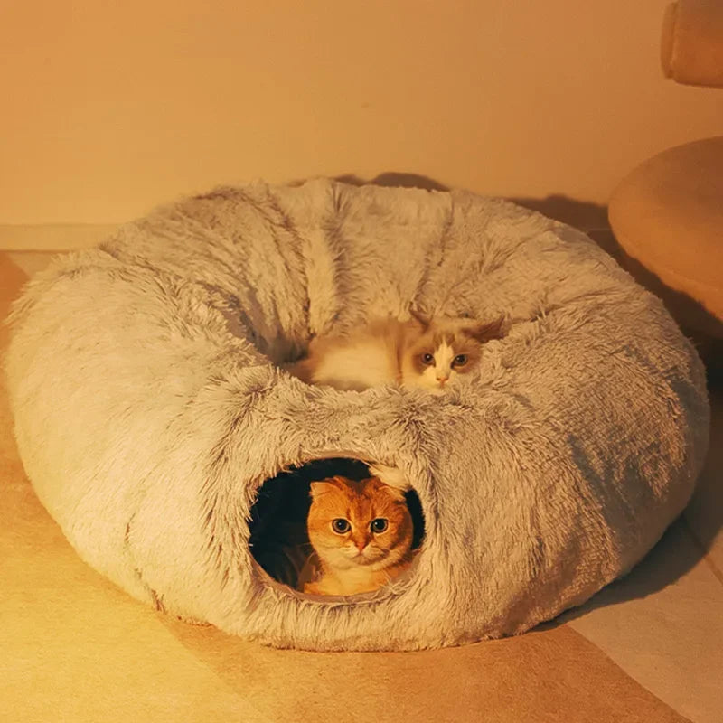 2-in-1 Round Cat Bed and Tunnel Toy - Soft Plush Dog Bed for Small Dogs and Kittens, Ideal for Deep Sleep and Comfort