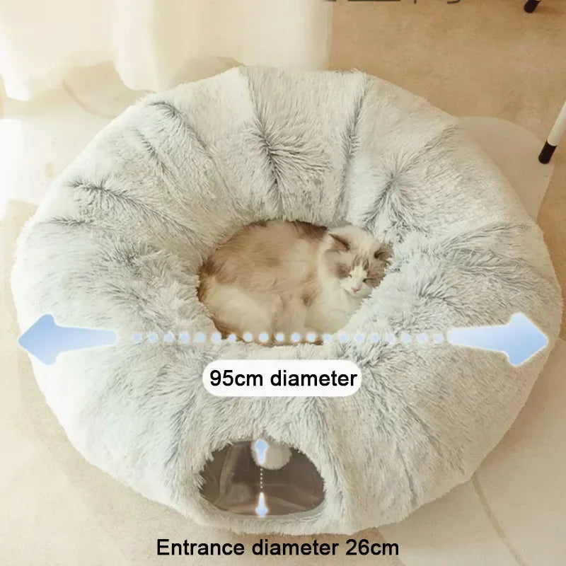2-in-1 Round Cat Bed and Tunnel Toy - Soft Plush Dog Bed for Small Dogs and Kittens, Ideal for Deep Sleep and Comfort