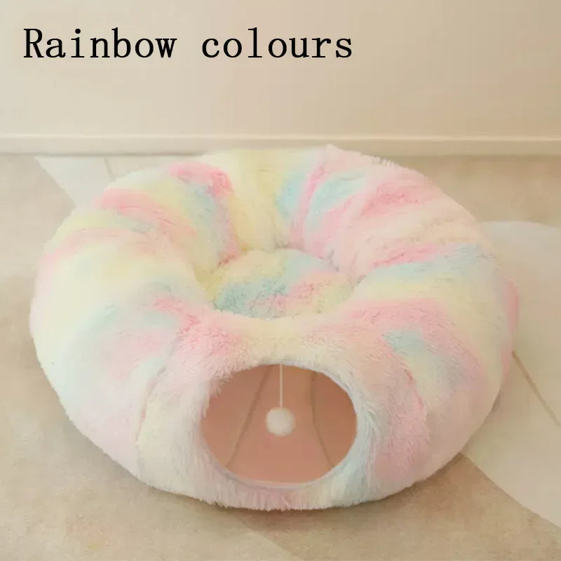 2-in-1 Round Cat Bed and Tunnel Toy - Soft Plush Dog Bed for Small Dogs and Kittens, Ideal for Deep Sleep and Comfort