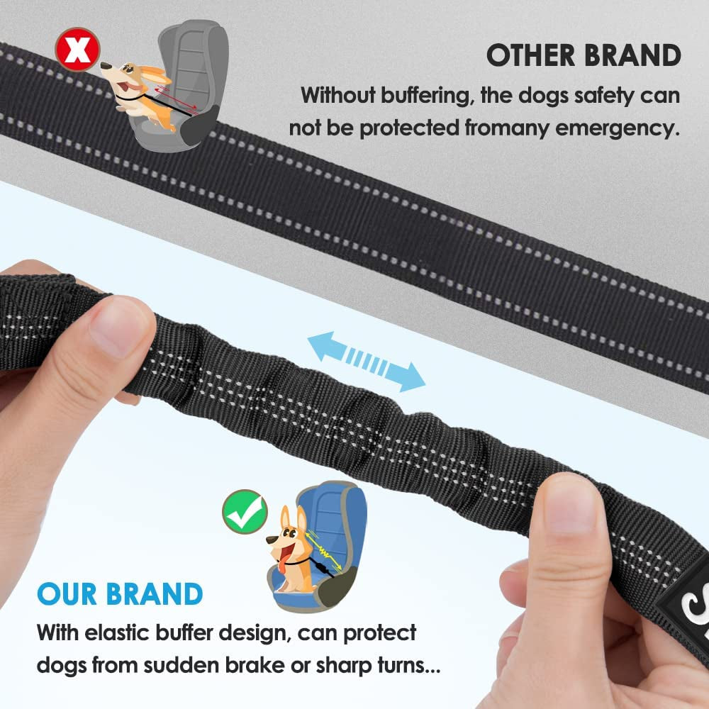 Adjustable Dog Seat Belt for Car - 2 Pack with Elastic Bungee Buffer and Reflective Safety Tether, 2 in 1 Pet Car Harness and Headrest Restraint (Black)
