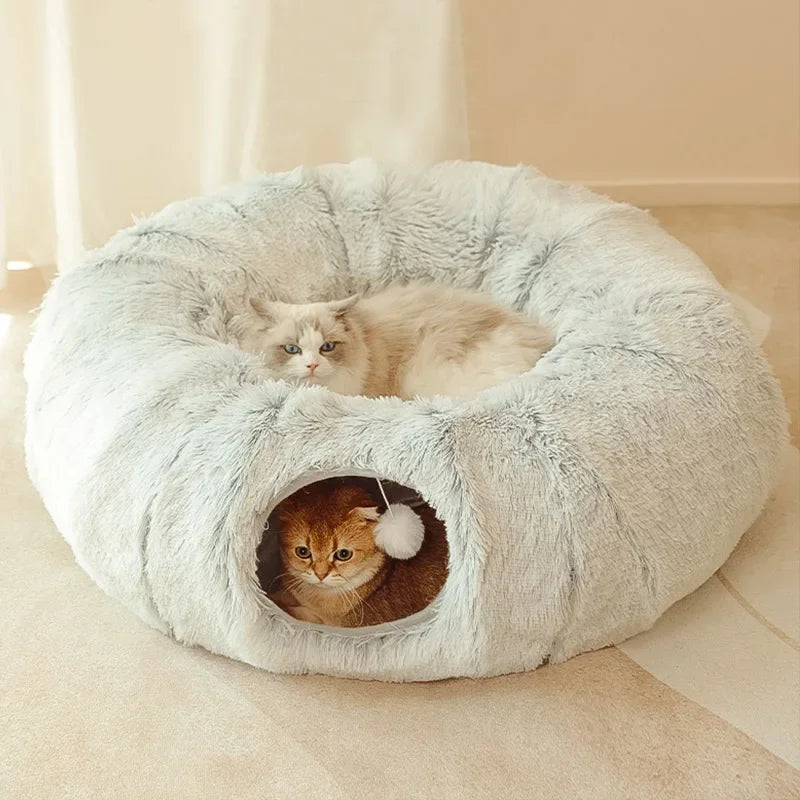 2-in-1 Round Cat Bed and Tunnel Toy - Soft Plush Dog Bed for Small Dogs and Kittens, Ideal for Deep Sleep and Comfort