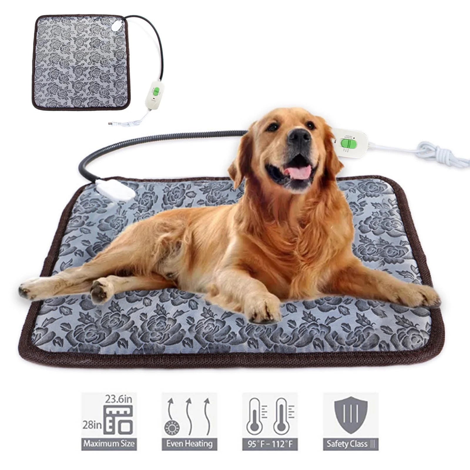 Cozy Comfort for Your Furry Friend: Waterproof Electric Heating Pad for Dogs and Cats - 18" x 18" Floral Design in Gray