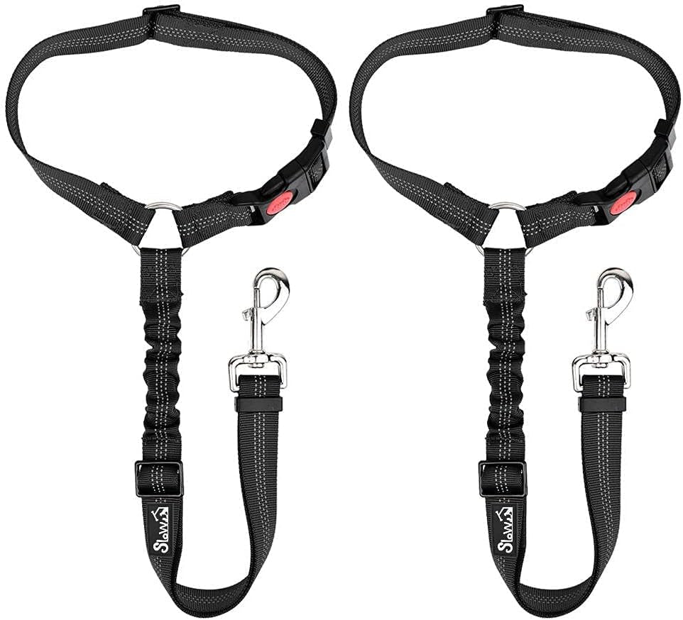 Adjustable Dog Seat Belt for Car - 2 Pack with Elastic Bungee Buffer and Reflective Safety Tether, 2 in 1 Pet Car Harness and Headrest Restraint (Black)