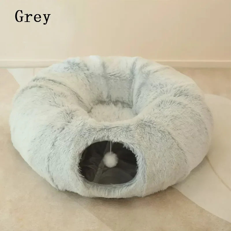 2-in-1 Round Cat Bed and Tunnel Toy - Soft Plush Dog Bed for Small Dogs and Kittens, Ideal for Deep Sleep and Comfort